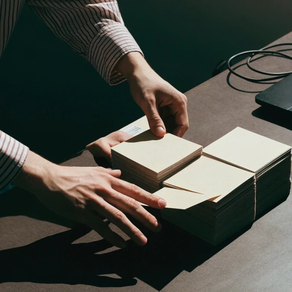 Hands sorting blank paper cards on a work table under midday light