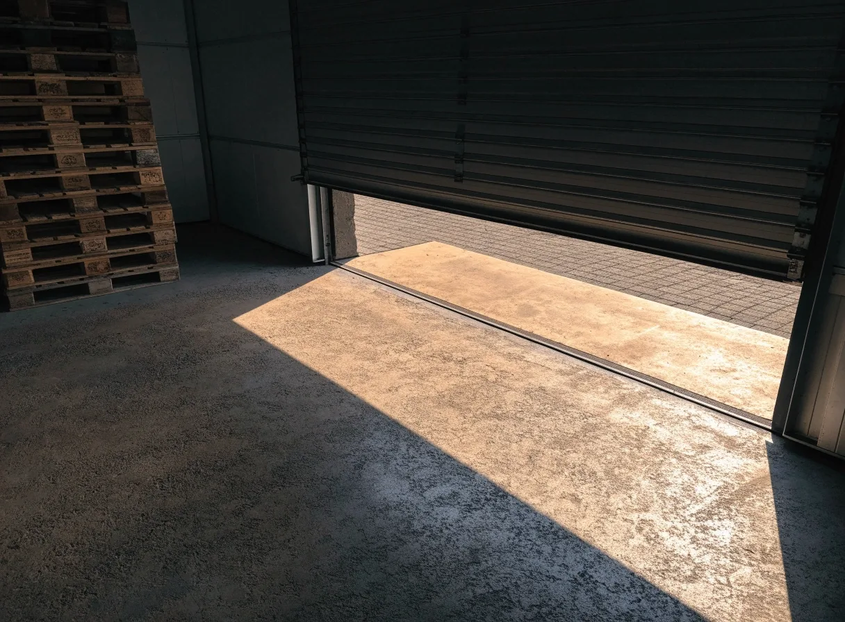A doorway light band cutting across a manila studio floor at noon