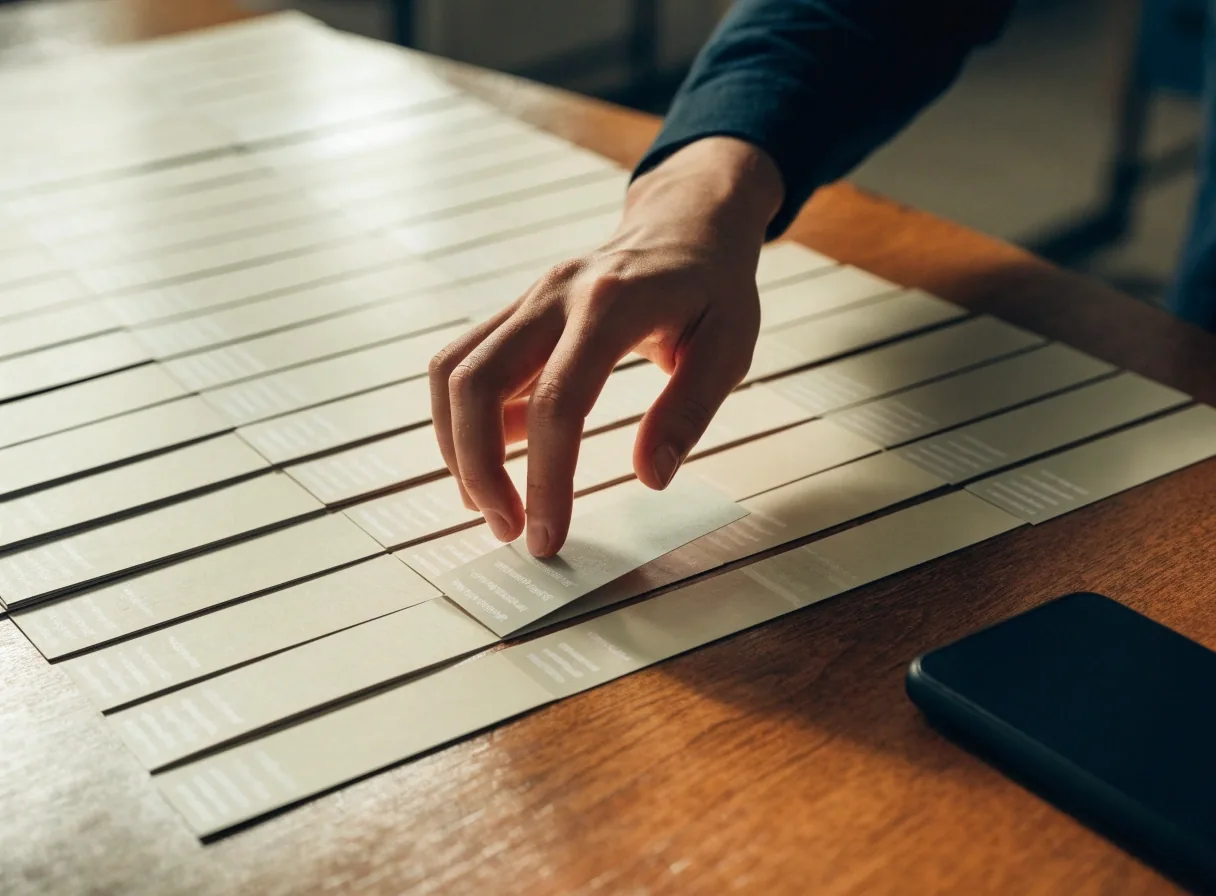 A hand sliding one index card forward from a stacked row on a manila table