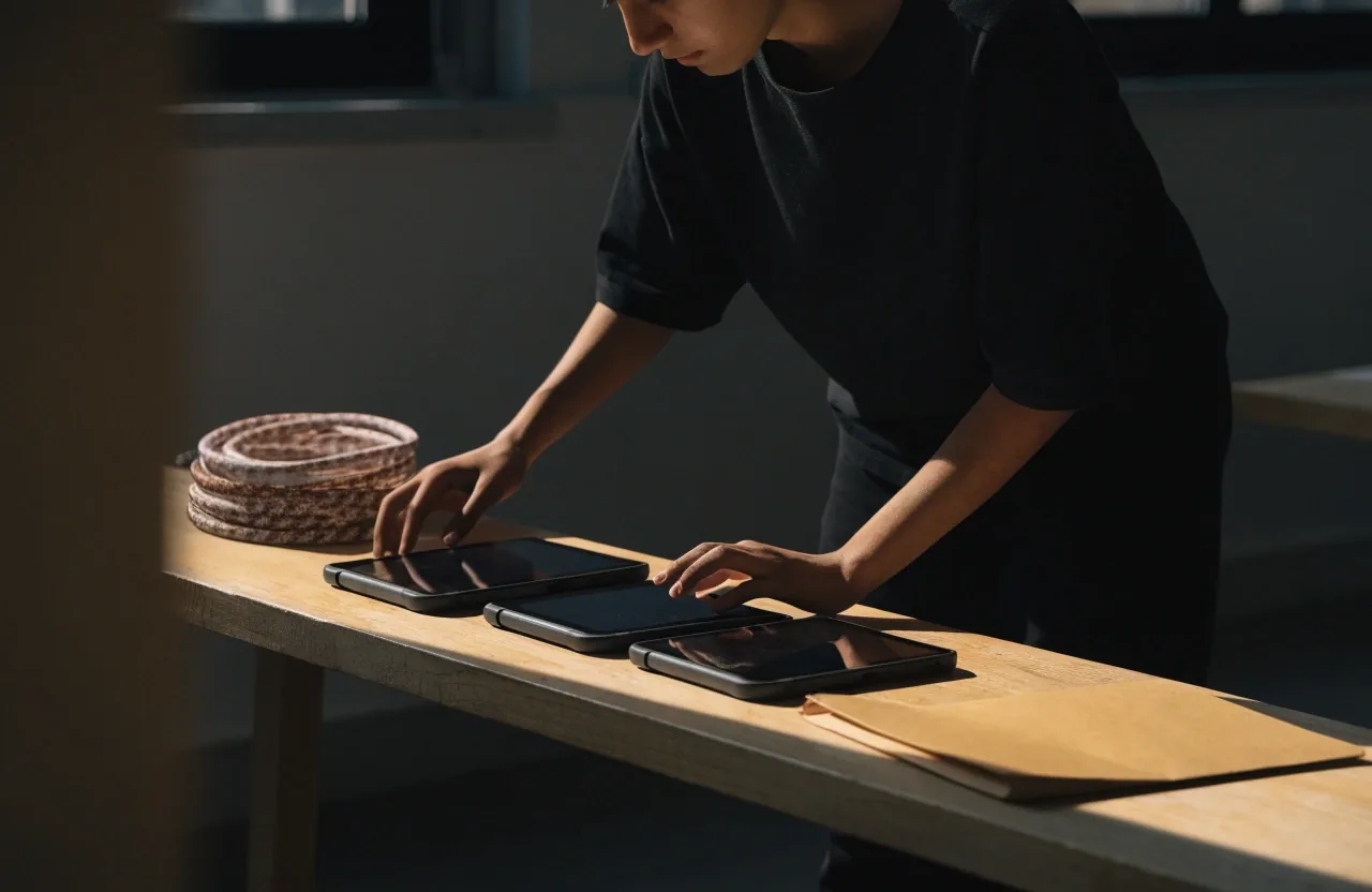 A staggered row of devices face-down on a bench with a coiled cable under hard light