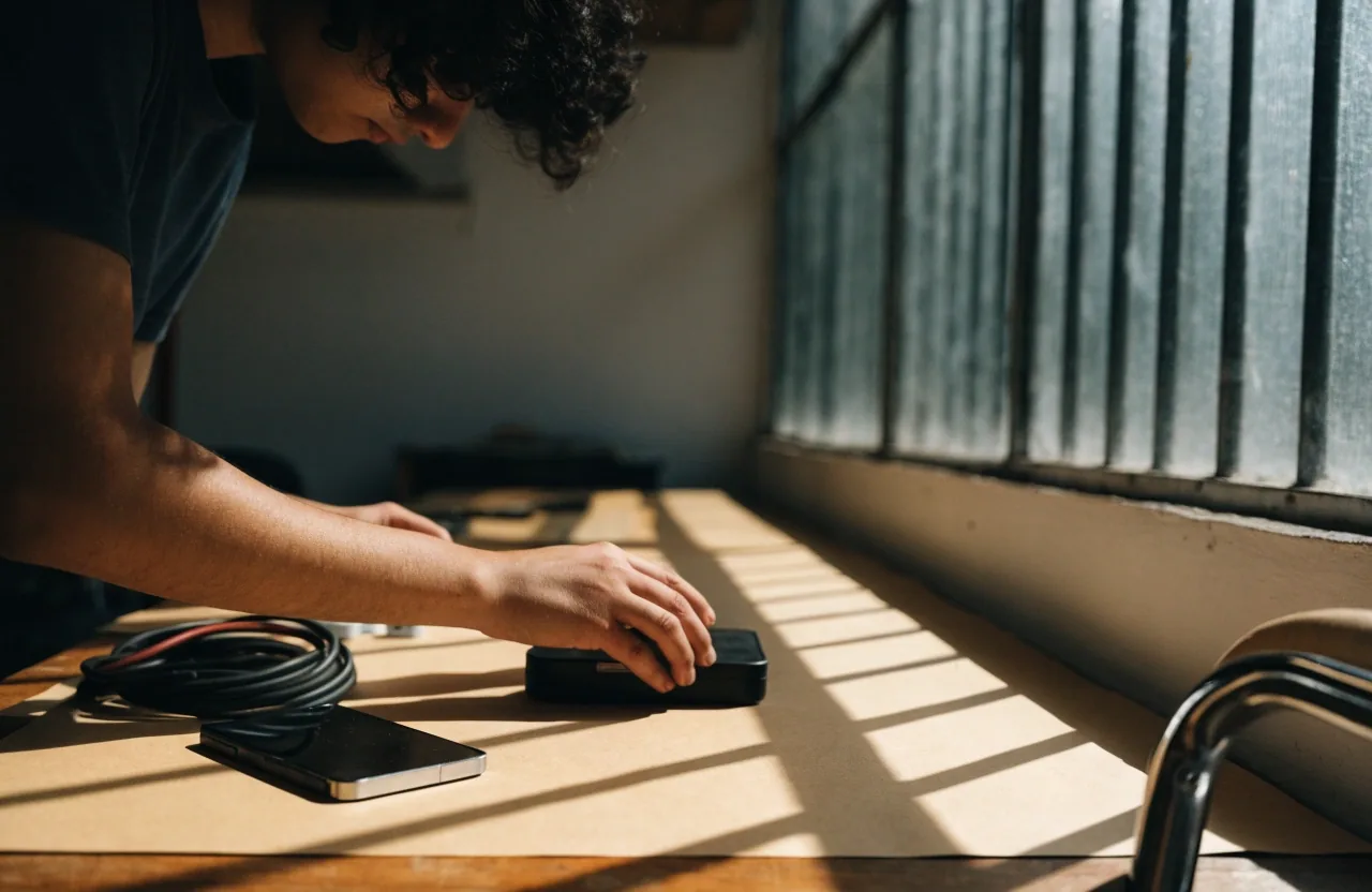 Two devices face-down on a bench under hard light, one angled across the other