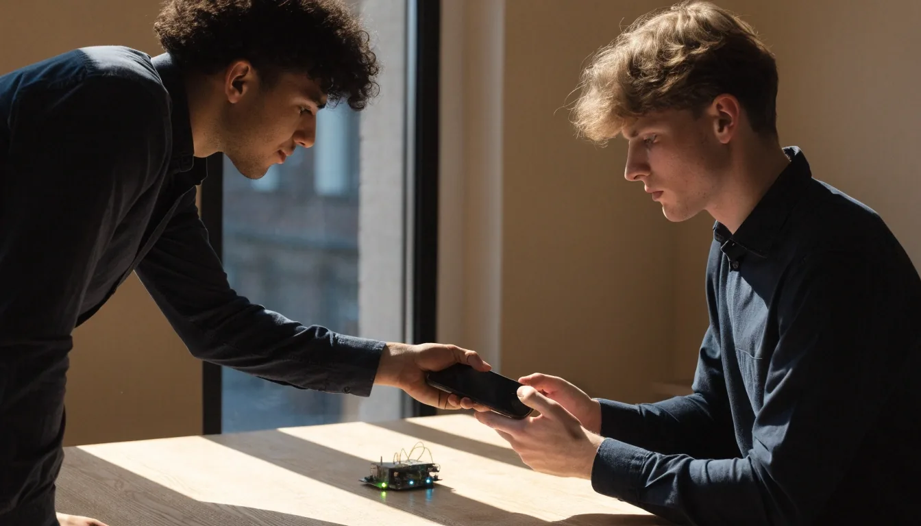 Close detail of hands cradling a smartphone at chest height with the screen angled away