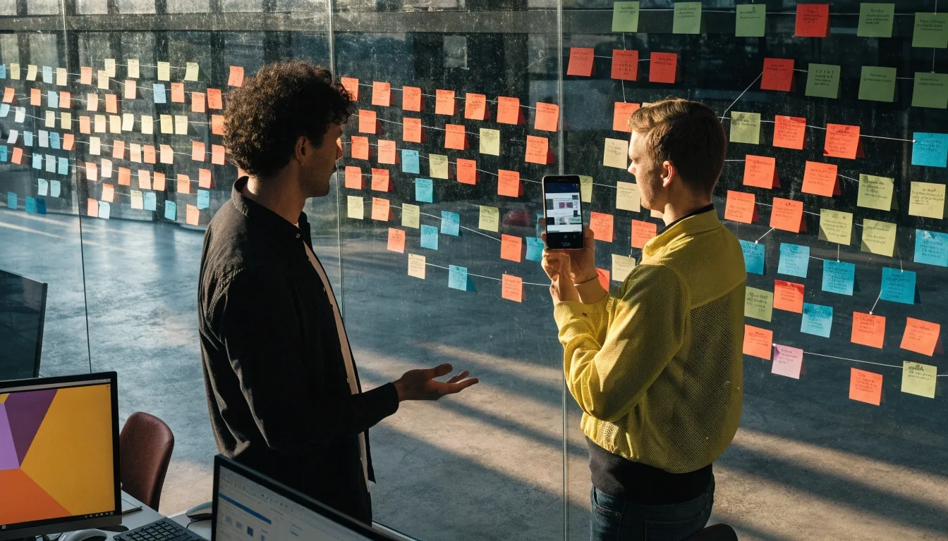 Wide view across an open app studio at noon with pinned paper decks and a silhouette at a bright window