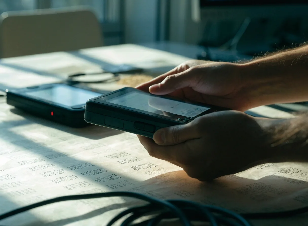 A handheld device lying screen-down at an angle on manila stock under hard light