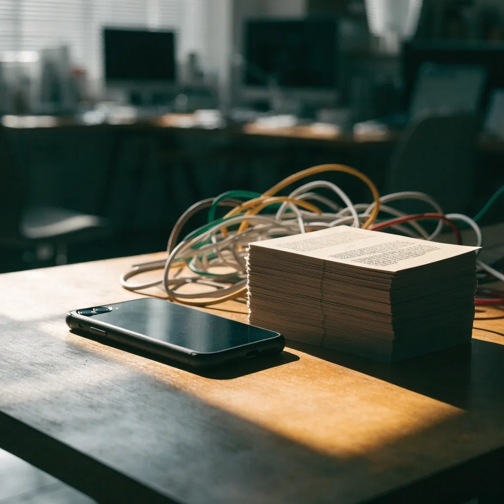 A device turned screen-down on a studio bench beside coiled cables under hard noon light